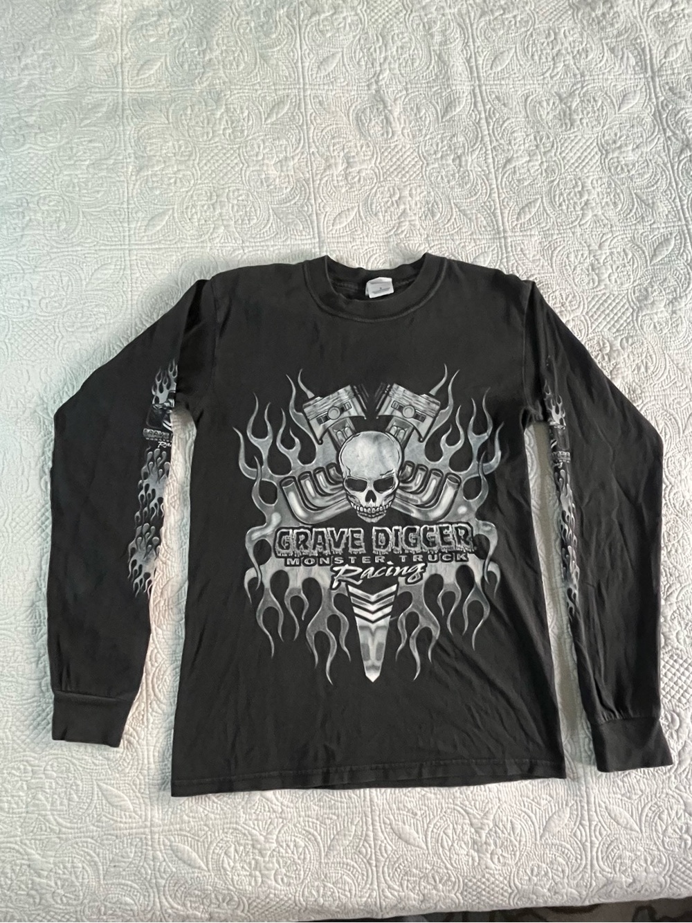 Vintage Grave Digger Long Sleeve Tee With Skull & Flames Graphic - Rare - 2003